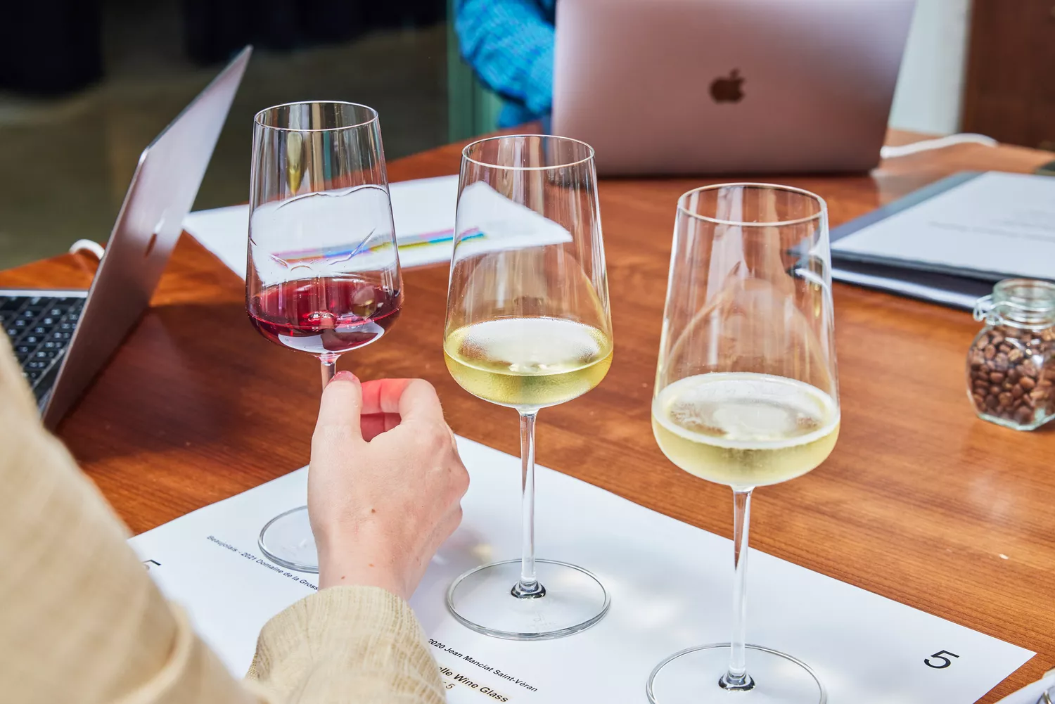 A person looking into Zwiesel Glas Verbelle/Vervino Wine Glasses filled with colorful wines for testing
